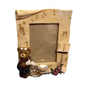 Vintage Resin? Teddy Bear Music Picture Frame Photo Holder Standing 3.5x5 Pics